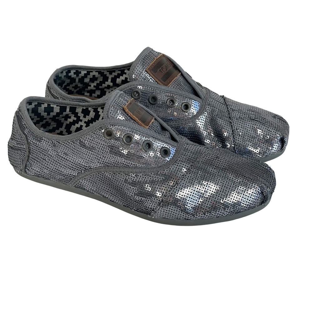 TOMS Cordones Sequin Slip On Flat Shoes Silver Size 7.5 Womens‎ Shimmer 330911